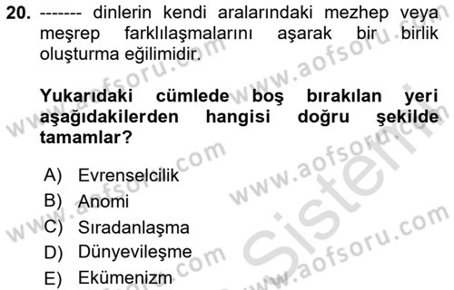 Din ve Toplum Dersi 2020 - 2021 Yılı Yaz Okulu Sınav Soruları 20. Soru