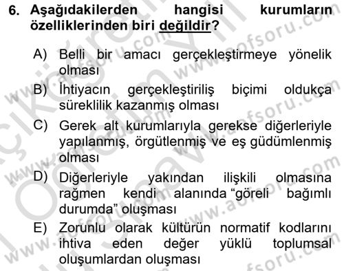 Din ve Toplum Dersi 2020 - 2021 Yılı Yaz Okulu Sınav Soruları 6. Soru