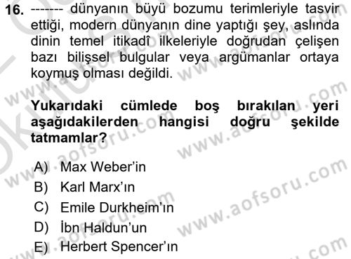 Din ve Toplum Dersi 2021 - 2022 Yılı Yaz Okulu Sınavı 16. Soru