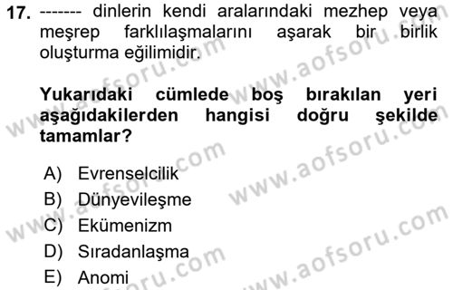 Din ve Toplum Dersi 2021 - 2022 Yılı Yaz Okulu Sınavı 17. Soru