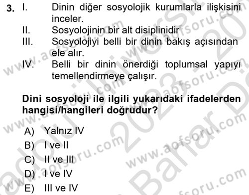 Din ve Toplum Dersi 2023 - 2024 Yılı (Vize) Ara Sınav Soruları 3. Soru