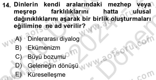 Din ve Toplum Dersi 2024 - 2025 Yılı (Final) Dönem Sonu Sınav Soruları 14. Soru
