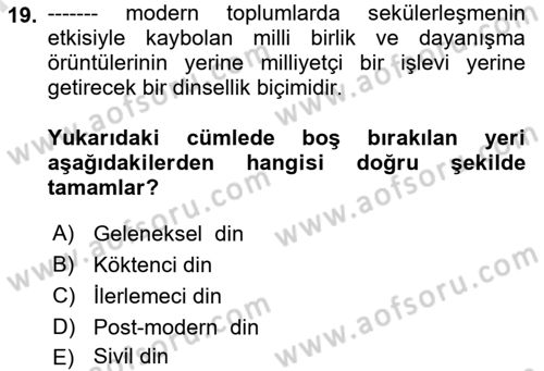 Din ve Toplum Dersi 2024 - 2025 Yılı (Final) Dönem Sonu Sınav Soruları 19. Soru