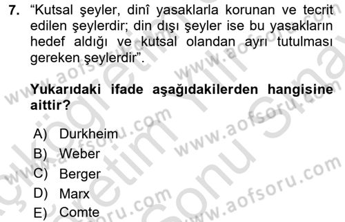 Din ve Toplum Dersi 2024 - 2025 Yılı (Final) Dönem Sonu Sınav Soruları 7. Soru