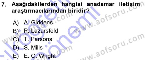 İletişim Sosyolojisi Dersi Ara Sınavı Deneme Sınav Soruları 7. Soru