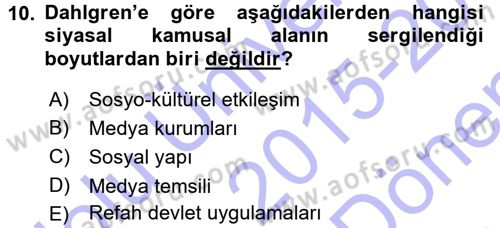 İletişim Sosyolojisi Dersi 2015 - 2016 Yılı (Final) Dönem Sonu Sınavı 10. Soru