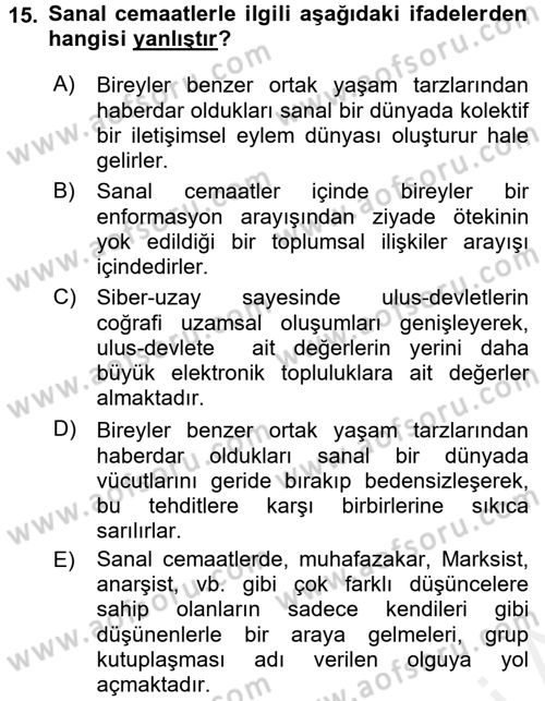 İletişim Sosyolojisi Dersi 2017 - 2018 Yılı 3 Ders Sınav Soruları 15. Soru