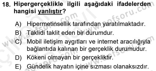 İletişim Sosyolojisi Dersi 2017 - 2018 Yılı 3 Ders Sınav Soruları 18. Soru