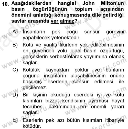 İletişim Sosyolojisi Dersi 2017 - 2018 Yılı (Final) Dönem Sonu Sınav Soruları 10. Soru