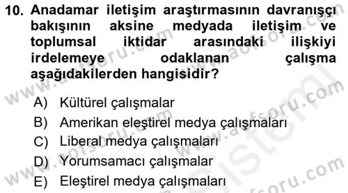 İletişim Sosyolojisi Dersi Ara Sınavı Deneme Sınav Soruları 10. Soru