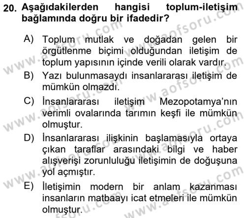 İletişim Sosyolojisi Dersi Ara Sınavı Deneme Sınav Soruları 20. Soru