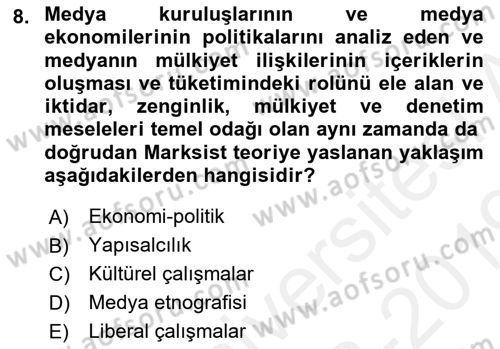 İletişim Sosyolojisi Dersi 2018 - 2019 Yılı (Vize) Ara Sınav Soruları 8. Soru