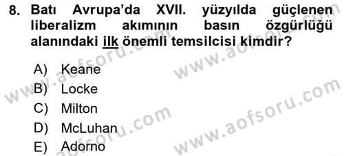 İletişim Sosyolojisi Dersi 2018 - 2019 Yılı (Final) Dönem Sonu Sınav Soruları 8. Soru
