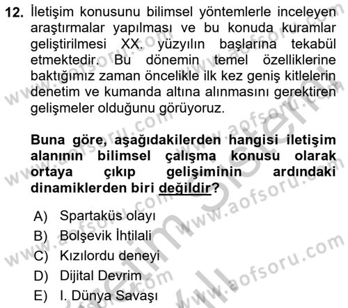 İletişim Sosyolojisi Dersi 2018 - 2019 Yılı Yaz Okulu Sınav Soruları 12. Soru
