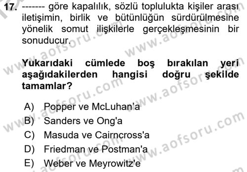 İletişim Sosyolojisi Dersi 2018 - 2019 Yılı Yaz Okulu Sınav Soruları 17. Soru
