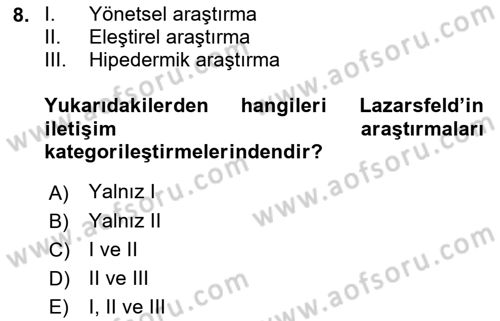 İletişim Sosyolojisi Dersi 2019 - 2020 Yılı (Vize) Ara Sınav Soruları 8. Soru
