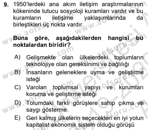 İletişim Sosyolojisi Dersi Ara Sınavı Deneme Sınav Soruları 9. Soru