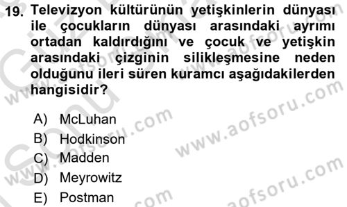 İletişim Sosyolojisi Dersi 2019 - 2020 Yılı (Final) Dönem Sonu Sınav Soruları 19. Soru