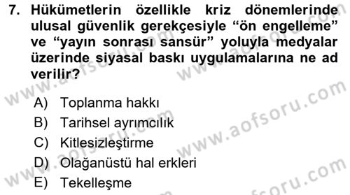 İletişim Sosyolojisi Dersi 2019 - 2020 Yılı (Final) Dönem Sonu Sınav Soruları 7. Soru