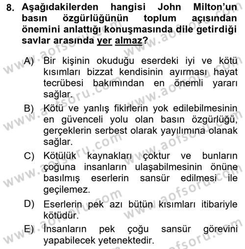 İletişim Sosyolojisi Dersi 2019 - 2020 Yılı (Final) Dönem Sonu Sınav Soruları 8. Soru