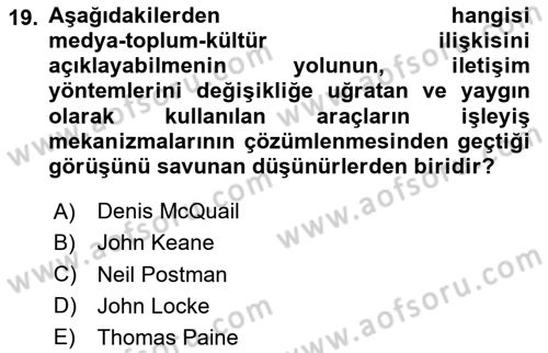 İletişim Sosyolojisi Dersi 2020 - 2021 Yılı Yaz Okulu Sınav Soruları 19. Soru