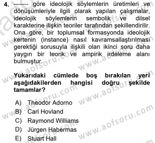İletişim Sosyolojisi Dersi 2020 - 2021 Yılı Yaz Okulu Sınav Soruları 4. Soru