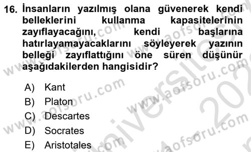İletişim Sosyolojisi Dersi 2021 - 2022 Yılı (Final) Dönem Sonu Sınav Soruları 16. Soru