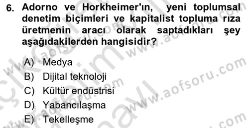 İletişim Sosyolojisi Dersi 2021 - 2022 Yılı Yaz Okulu Sınav Soruları 6. Soru