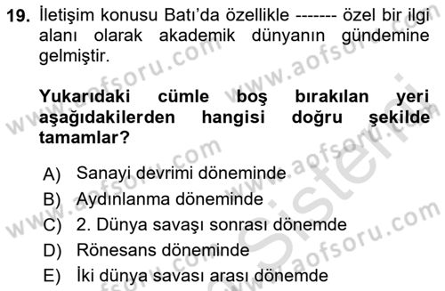 İletişim Sosyolojisi Dersi Ara Sınavı Deneme Sınav Soruları 19. Soru