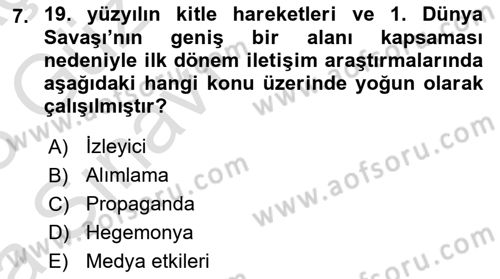 İletişim Sosyolojisi Dersi Ara Sınavı Deneme Sınav Soruları 7. Soru
