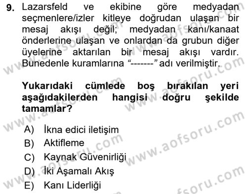 İletişim Sosyolojisi Dersi 2022 - 2023 Yılı (Vize) Ara Sınavı 9. Soru