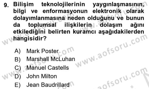 İletişim Sosyolojisi Dersi 2022 - 2023 Yılı (Final) Dönem Sonu Sınav Soruları 9. Soru