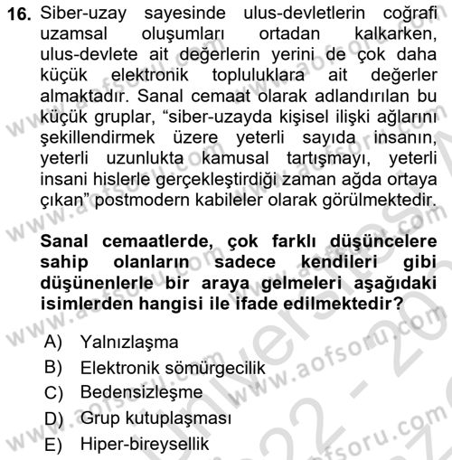 İletişim Sosyolojisi Dersi 2022 - 2023 Yılı Yaz Okulu Sınav Soruları 16. Soru