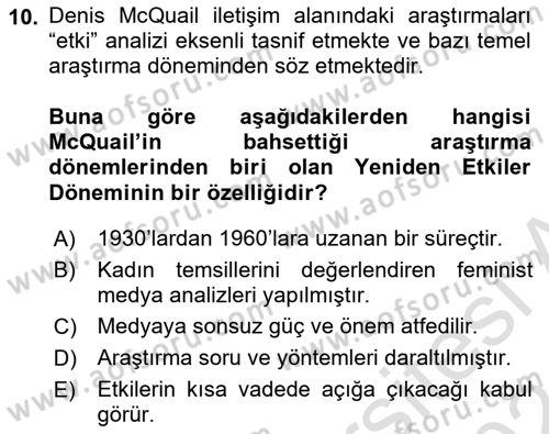 İletişim Sosyolojisi Dersi Ara Sınavı Deneme Sınav Soruları 10. Soru