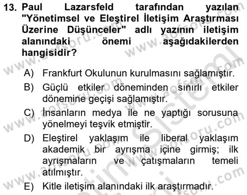 İletişim Sosyolojisi Dersi Ara Sınavı Deneme Sınav Soruları 13. Soru