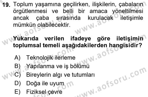 İletişim Sosyolojisi Dersi Ara Sınavı Deneme Sınav Soruları 19. Soru