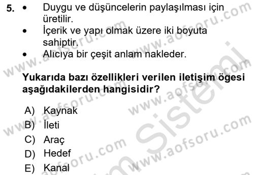 İletişim Sosyolojisi Dersi 2023 - 2024 Yılı (Vize) Ara Sınav Soruları 5. Soru