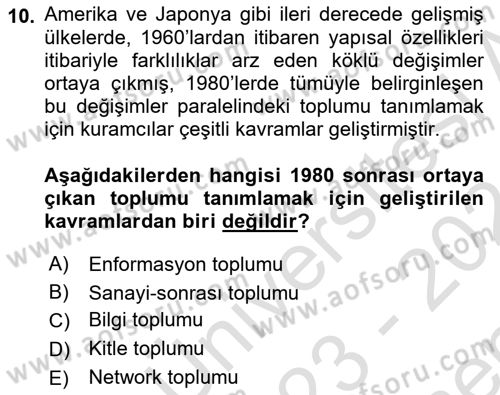 İletişim Sosyolojisi Dersi 2023 - 2024 Yılı (Final) Dönem Sonu Sınav Soruları 10. Soru