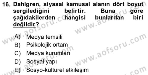 İletişim Sosyolojisi Dersi 2023 - 2024 Yılı Yaz Okulu Sınav Soruları 16. Soru