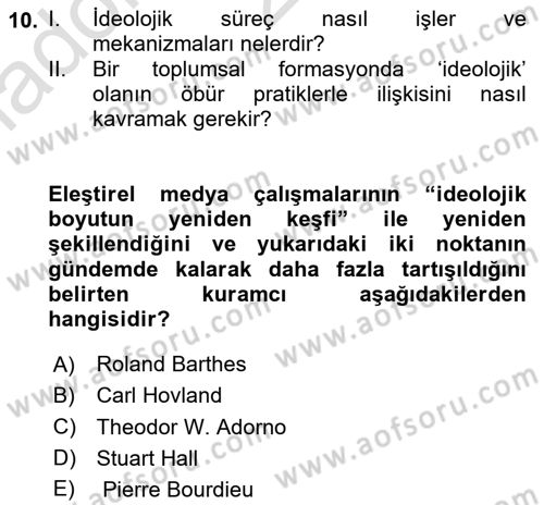 İletişim Sosyolojisi Dersi Ara Sınavı Deneme Sınav Soruları 10. Soru