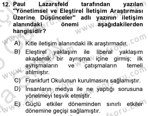 İletişim Sosyolojisi Dersi 2024 - 2025 Yılı (Vize) Ara Sınavı 12. Soru