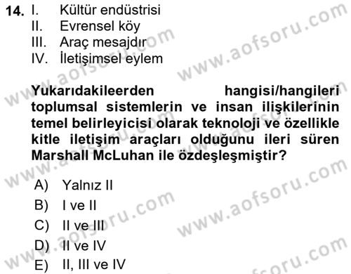 İletişim Sosyolojisi Dersi 2024 - 2025 Yılı (Vize) Ara Sınavı 14. Soru