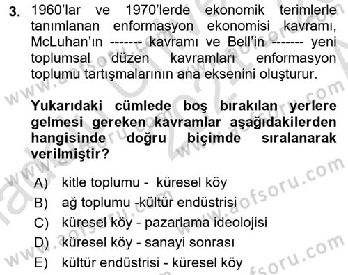 İletişim Sosyolojisi Dersi 2024 - 2025 Yılı (Vize) Ara Sınavı 3. Soru