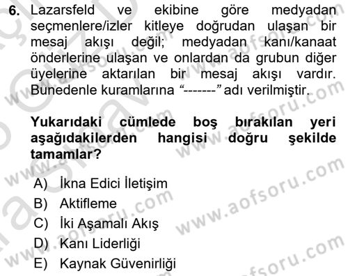 İletişim Sosyolojisi Dersi 2024 - 2025 Yılı (Vize) Ara Sınav Soruları 6. Soru
