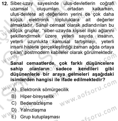 İletişim Sosyolojisi Dersi 2024 - 2025 Yılı (Final) Dönem Sonu Sınav Soruları 12. Soru
