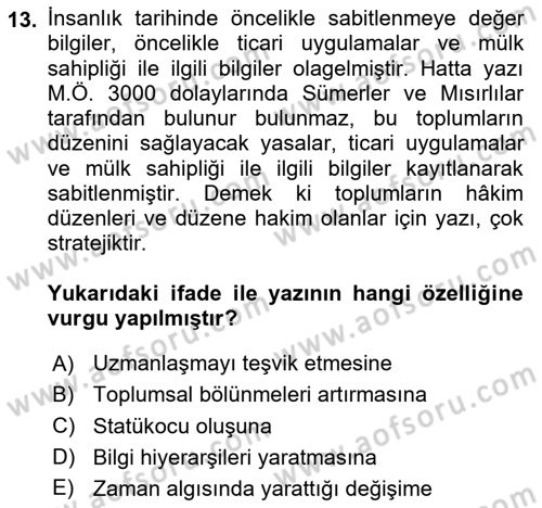İletişim Sosyolojisi Dersi 2024 - 2025 Yılı (Final) Dönem Sonu Sınav Soruları 13. Soru