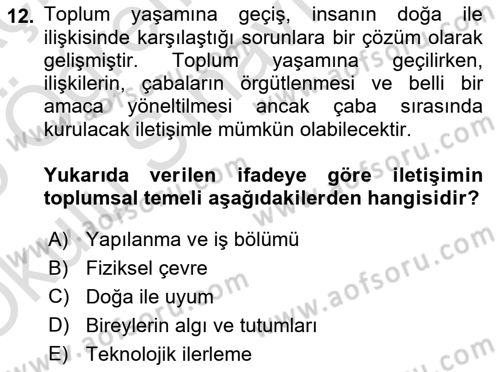 İletişim Sosyolojisi Dersi 2024 - 2025 Yılı Yaz Okulu Sınav Soruları 12. Soru