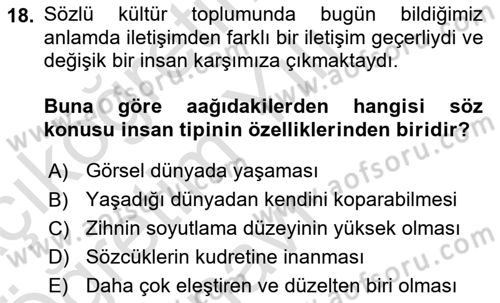 İletişim Sosyolojisi Dersi 2024 - 2025 Yılı Yaz Okulu Sınav Soruları 18. Soru