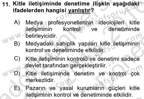 Medya Sosyolojisi Dersi 2015 - 2016 Yılı (Final) Dönem Sonu Sınav Soruları 11. Soru