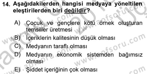 Medya Sosyolojisi Dersi 2016 - 2017 Yılı 3 Ders Sınav Soruları 14. Soru